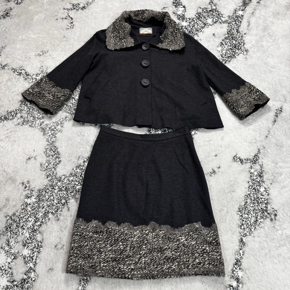 Gattinoni Wool Skirt Suit Size 8 Gray Cropped Jacket Tweed Trim Made in Italy